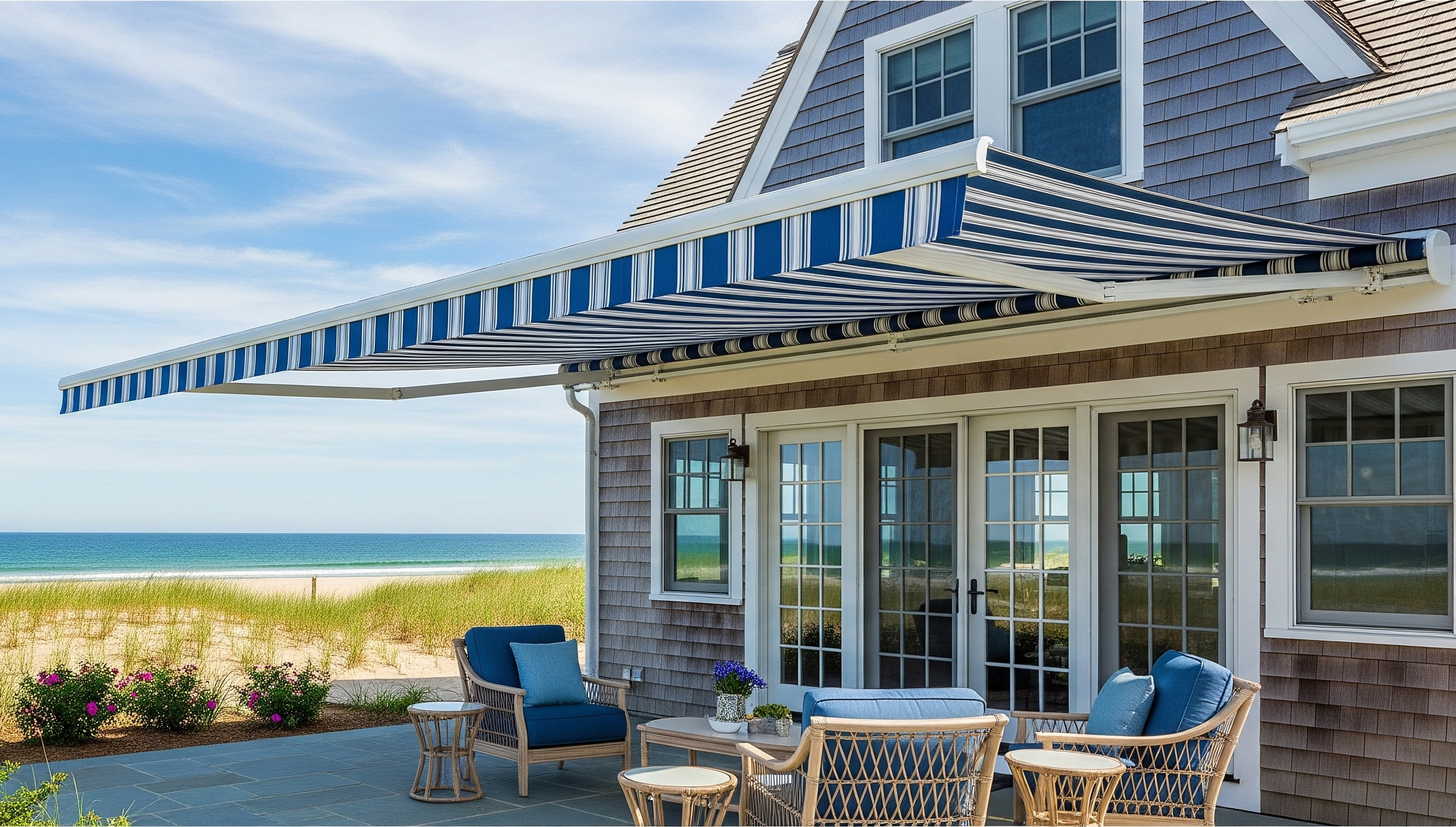 Cape Cod coastal home with blue white retractable awning Cape Cod coastal home with blue white retractable awning